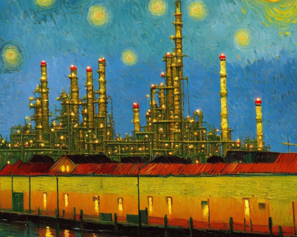 Industrial refinery painting with tall smokestacks and complex structures under starry night sky reflected in water