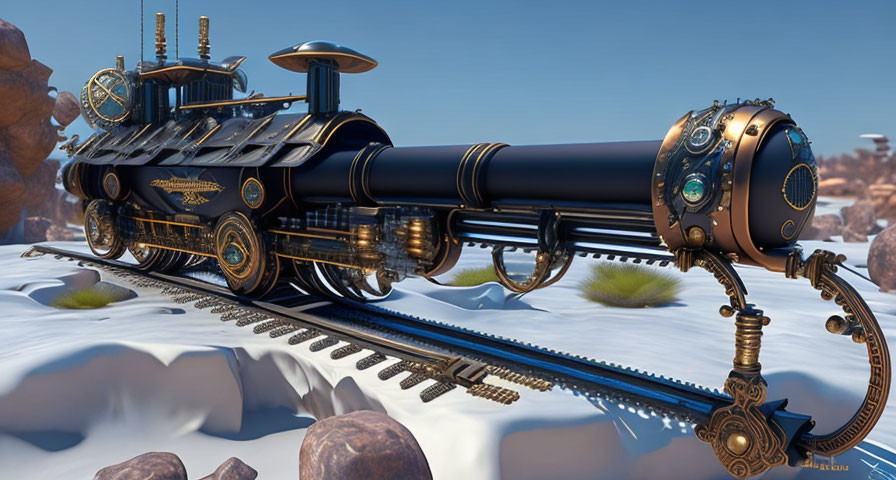Steampunk-style train in snowy landscape with gold detailing