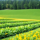 Tranquil landscape with yellow flowers, green fields, and forest under soft sky