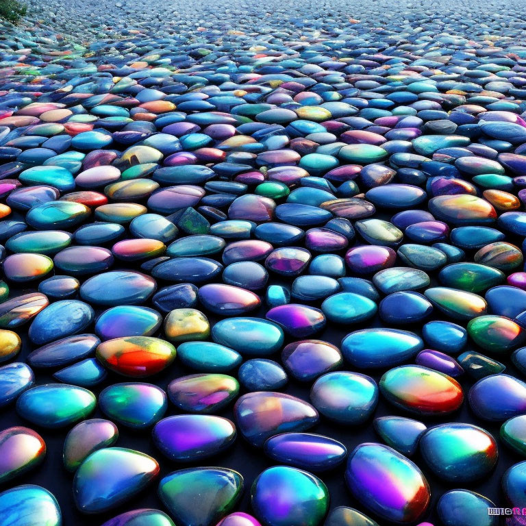 Colorful Mosaic of Iridescent Pebbles in Blue, Purple, and Pink