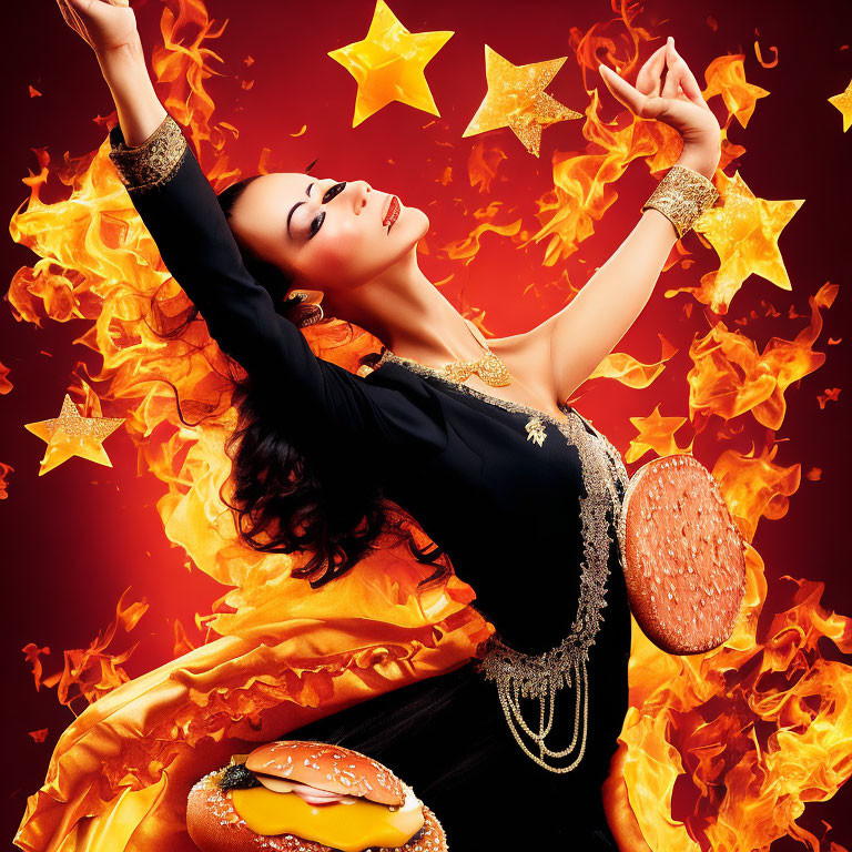 Woman in black outfit poses with fire, stars, and hamburgers in surreal advertisement.