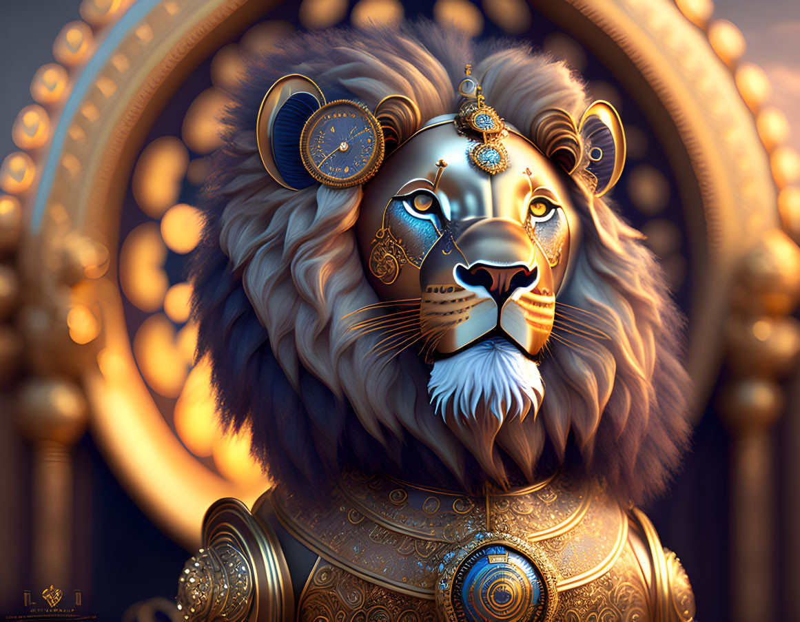 Majestic lion in golden armor with clock elements on circular backdrop