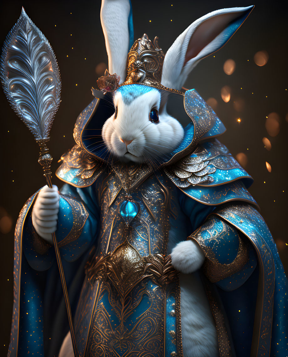 Regal rabbit in blue armor with crown and quill on dark background