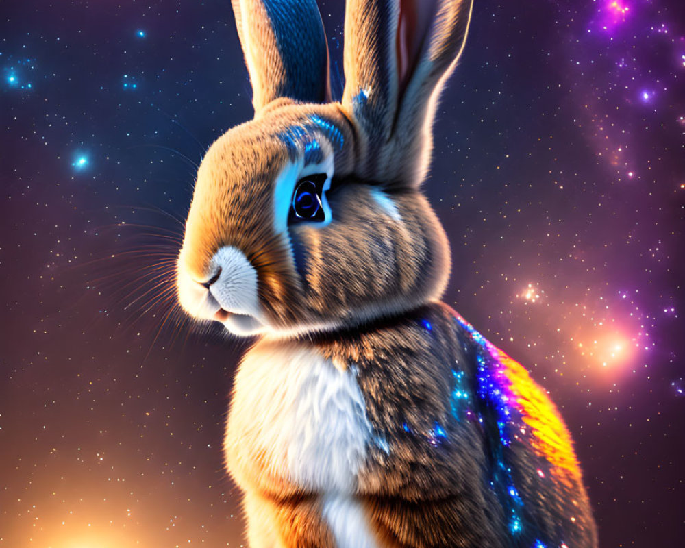 Cosmic patterned rabbit against starry background