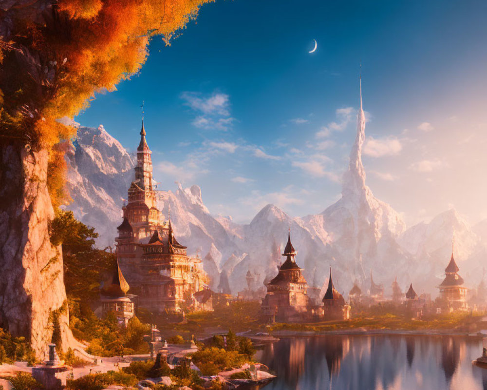Fantastical landscape with castle, mountains, lake, and crescent moon at sunset