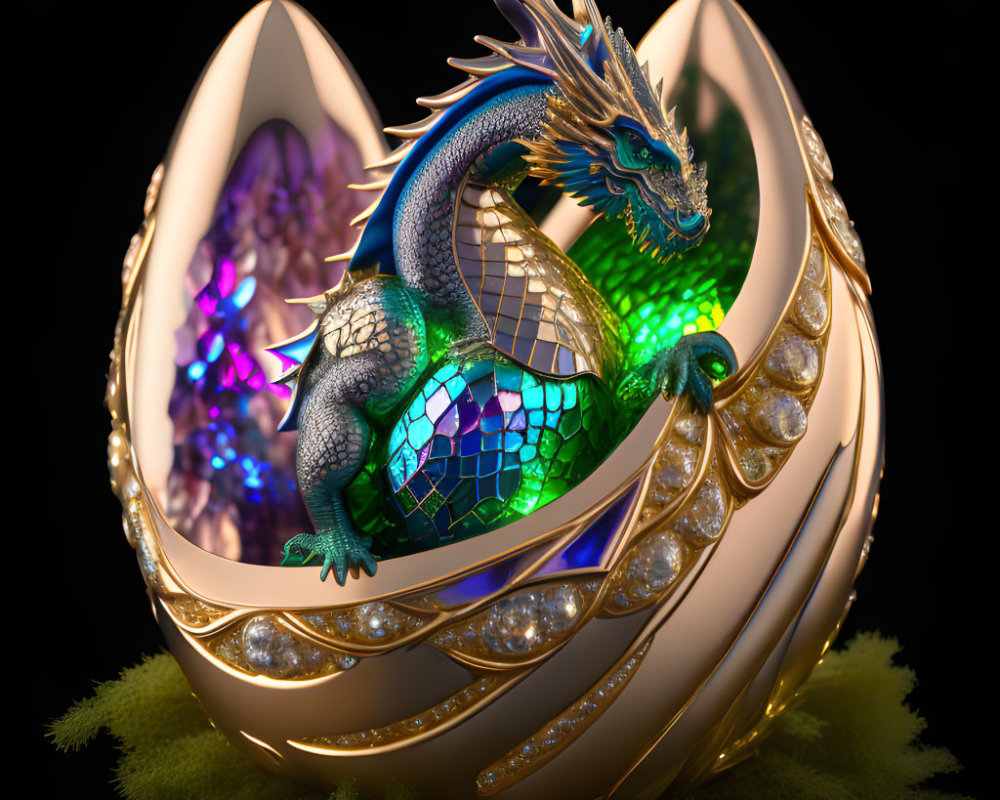 Metallic Dragon Emerges from Jeweled Egg with Golden Details