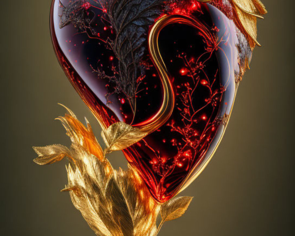 Heart-shaped perfume bottle with dark tree design and gold leaves