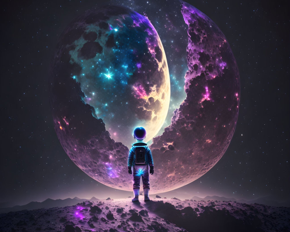 Astronaut on rocky terrain gazes at celestial purple moon in star-filled sky