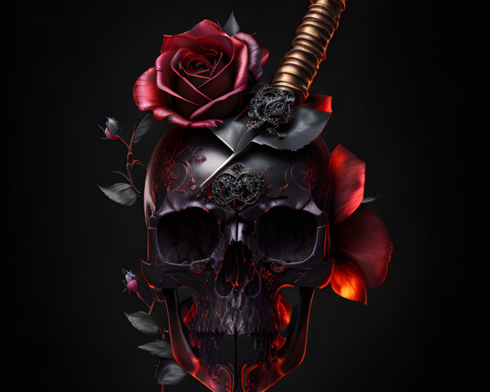Skull with Sword and Roses on Black Background
