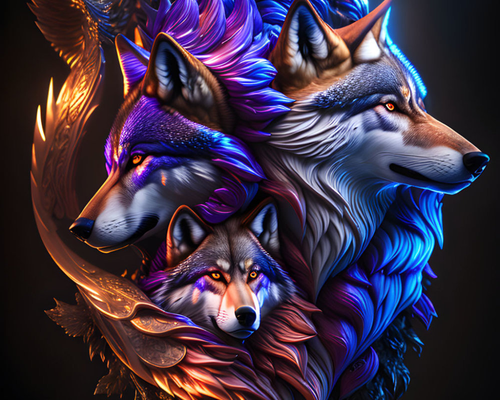 Detailed Digital Artwork of Three Glowing Wolves in Blue & Purple