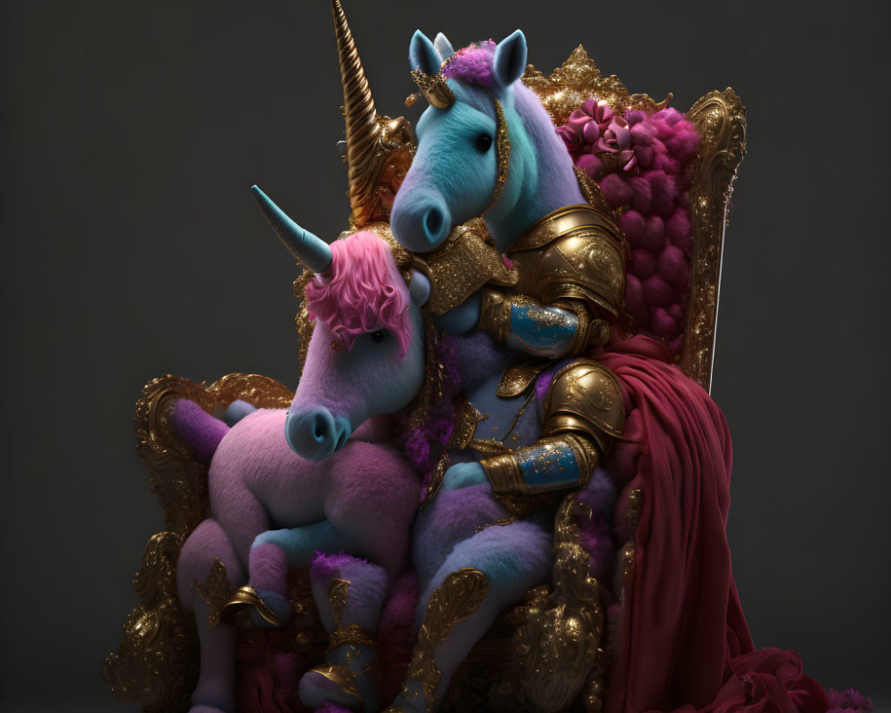 3D render of large and small armored unicorns on golden throne