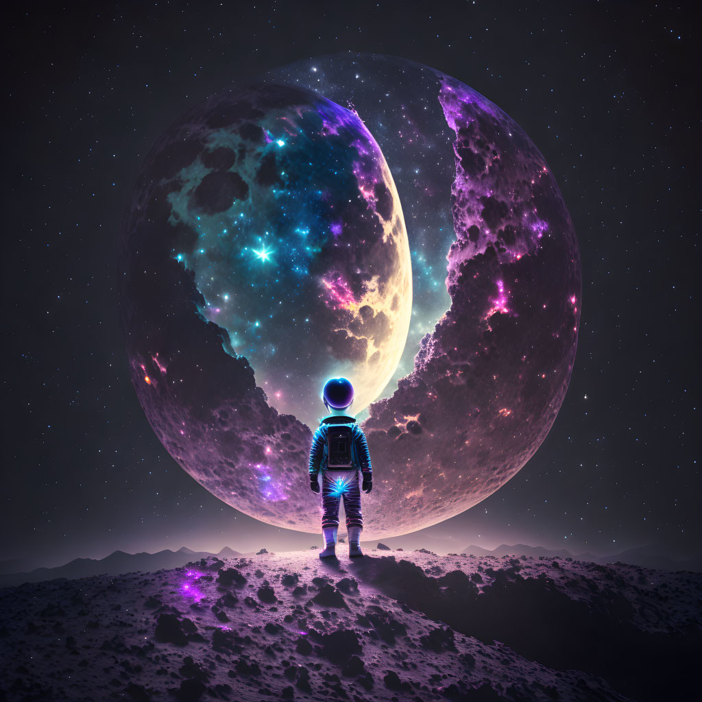 Astronaut on rocky terrain gazes at celestial purple moon in star-filled sky