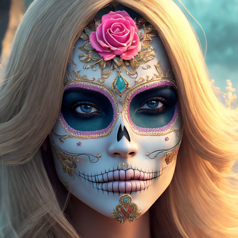 Blonde woman in Day of the Dead sugar skull mask with pink rose on forehead against twilight backdrop