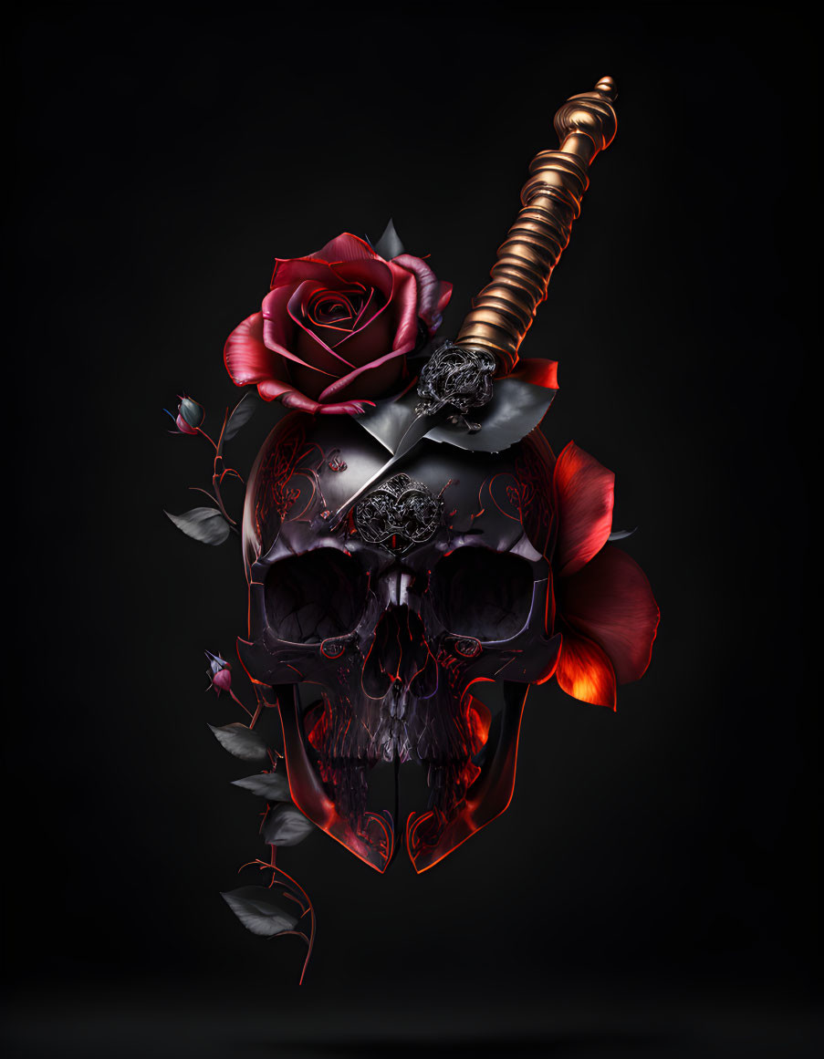Skull with Sword and Roses on Black Background