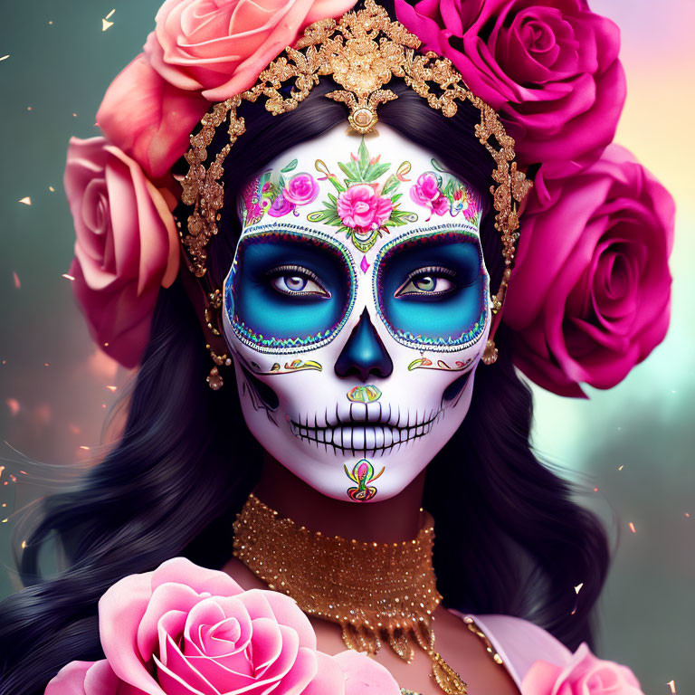 Woman with painted skull face and floral headdress: Day of the Dead symbolism