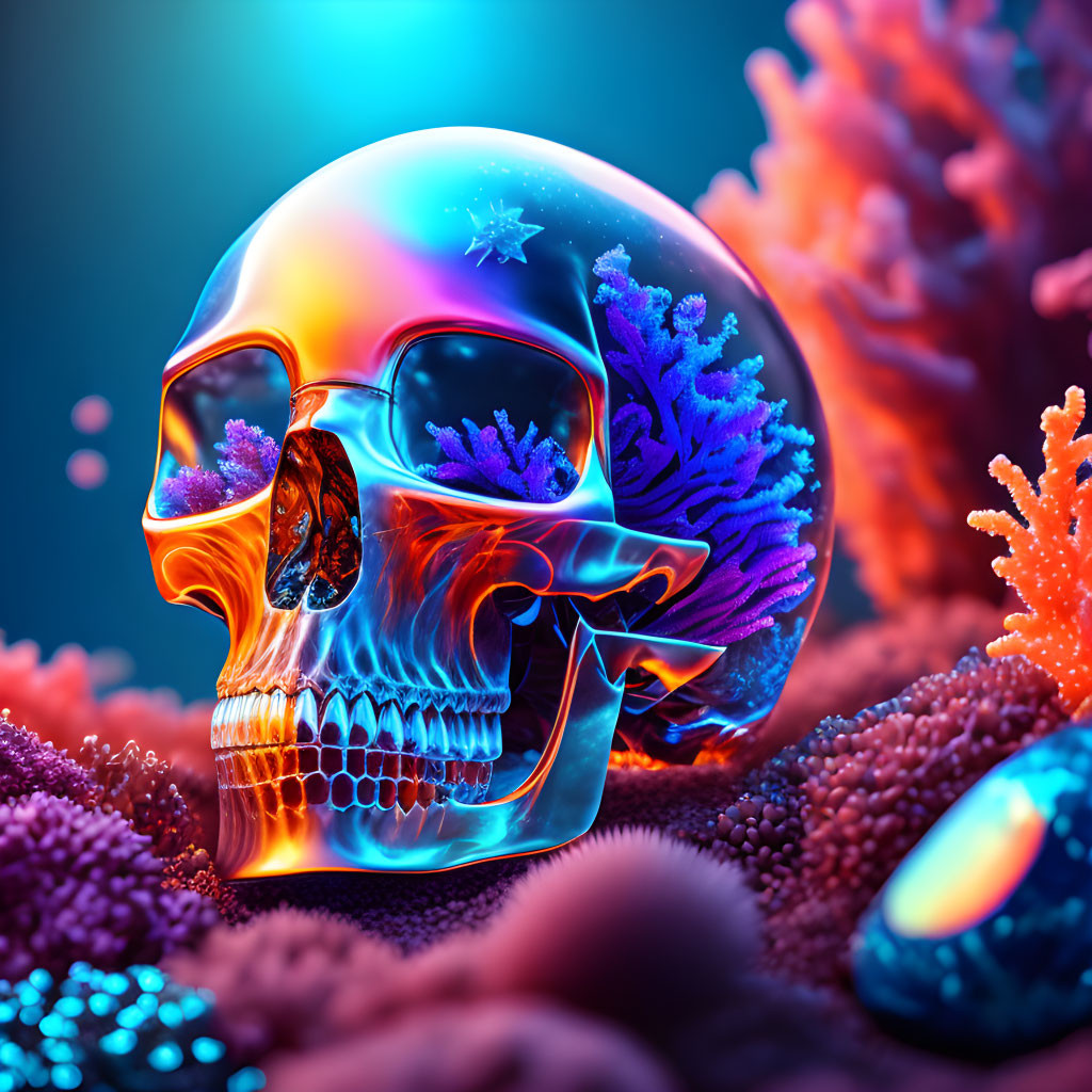 Colorful Digital Art: Translucent Skull in Coral with Cosmic Eye Socket