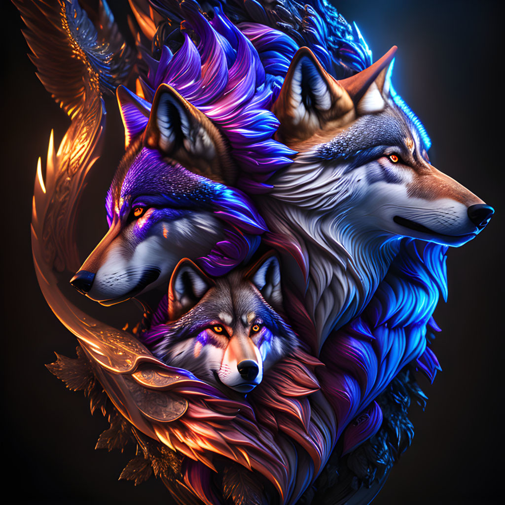 Detailed Digital Artwork of Three Glowing Wolves in Blue & Purple