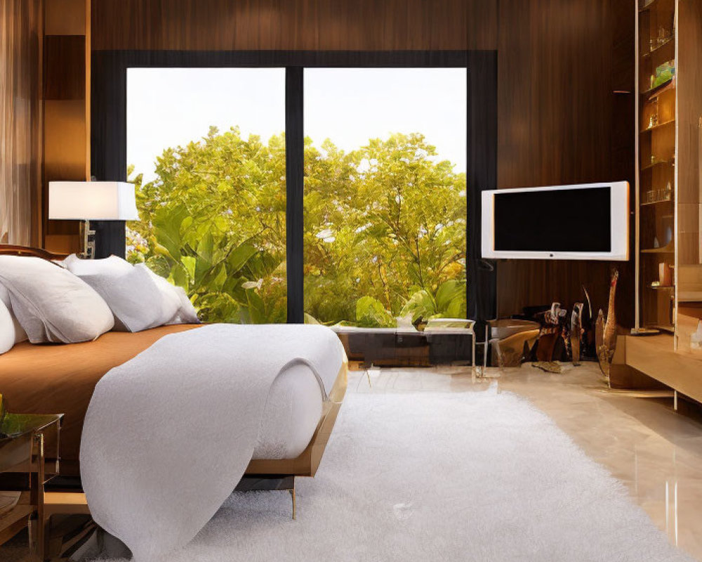 Spacious modern bedroom with large bed, white linens, wooden walls, and lush greenery view