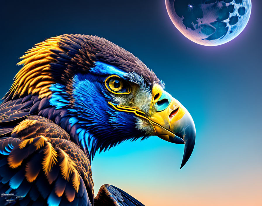 Profile of majestic eagle with vibrant blue feathers against twilight sky and large full moon.