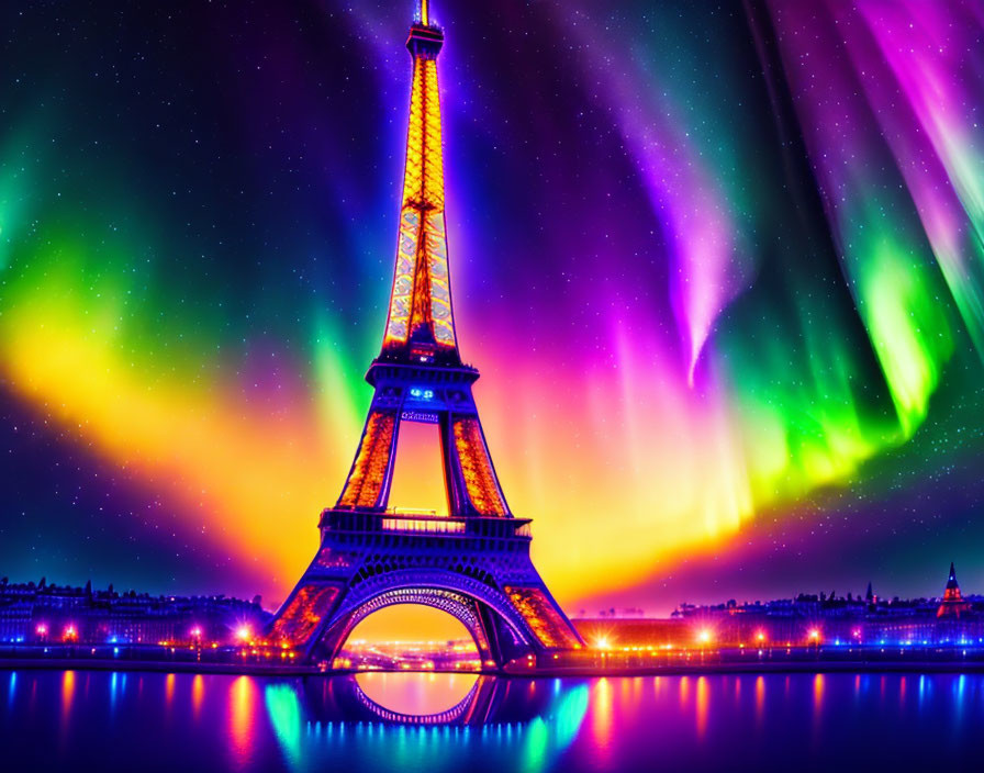 Iconic Eiffel Tower Night Scene with Northern Lights Reflection