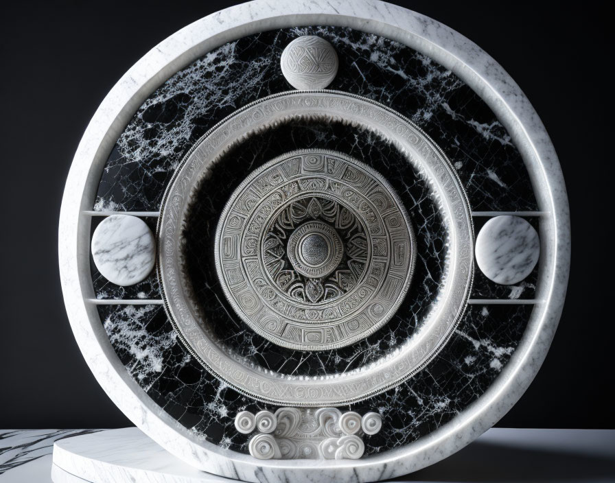 Circular Marble Shield with Intricate Carvings and Metal Details on Stand