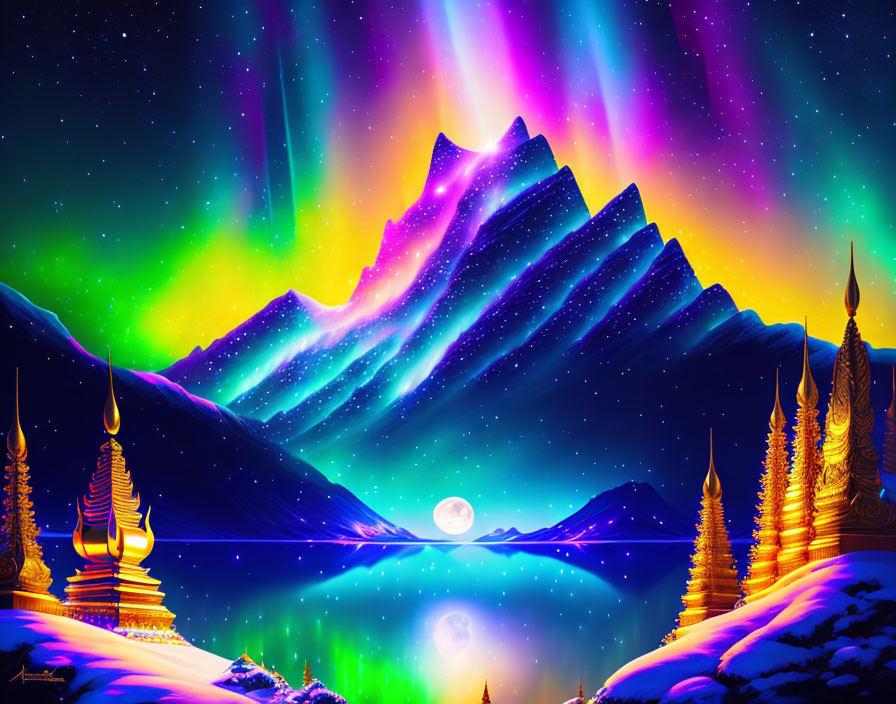 Digital Artwork: Aurora Over Snowy Mountains, Pagodas, Moon, & Lake
