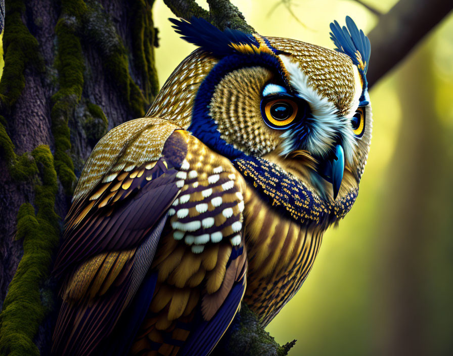 Colorful Owl Perched on Tree with Vibrant Blue and Gold Plumage