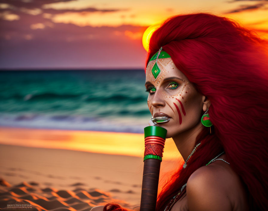 Vibrant red-haired woman with green eye makeup on beach at sunset