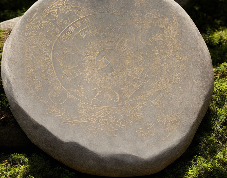 Intricate Engravings Stone on Moss Bed