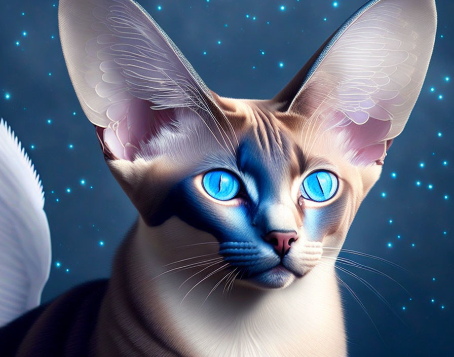 Fantastical cat with translucent wing ears and blue eyes on starry night background