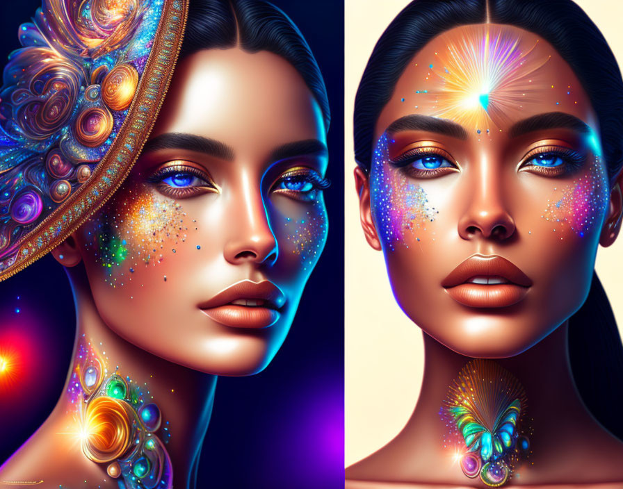 Vibrant cosmic makeup on two women in digital artwork