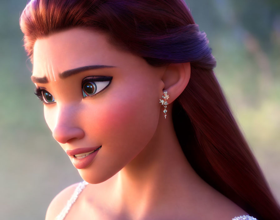 Close-up of 3D animated female character with expressive eyes, braid, and snowflake earrings