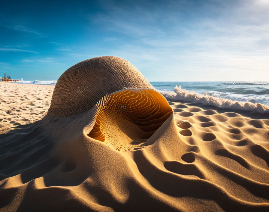 Straw hat on sandy beach with waves and sunlight shadows