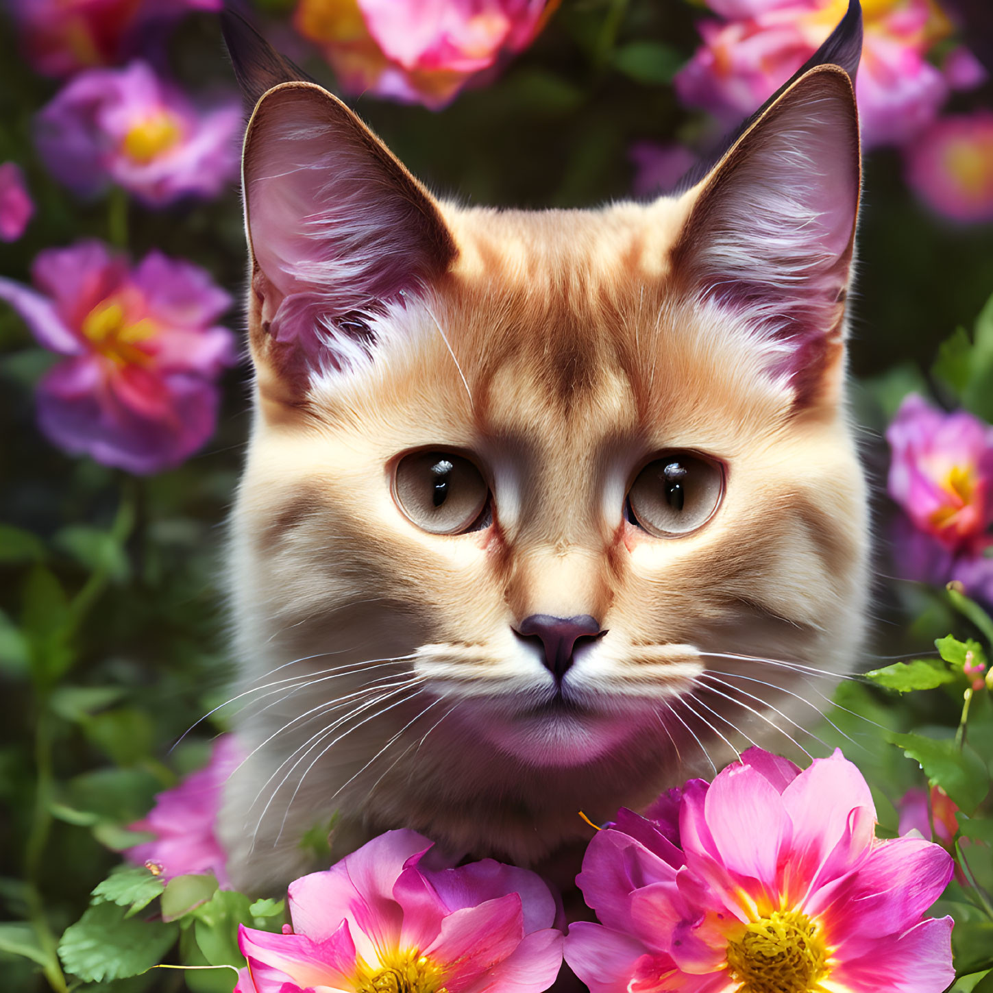 Orange and White Cat with Striking Eyes Among Vibrant Pink Flowers
