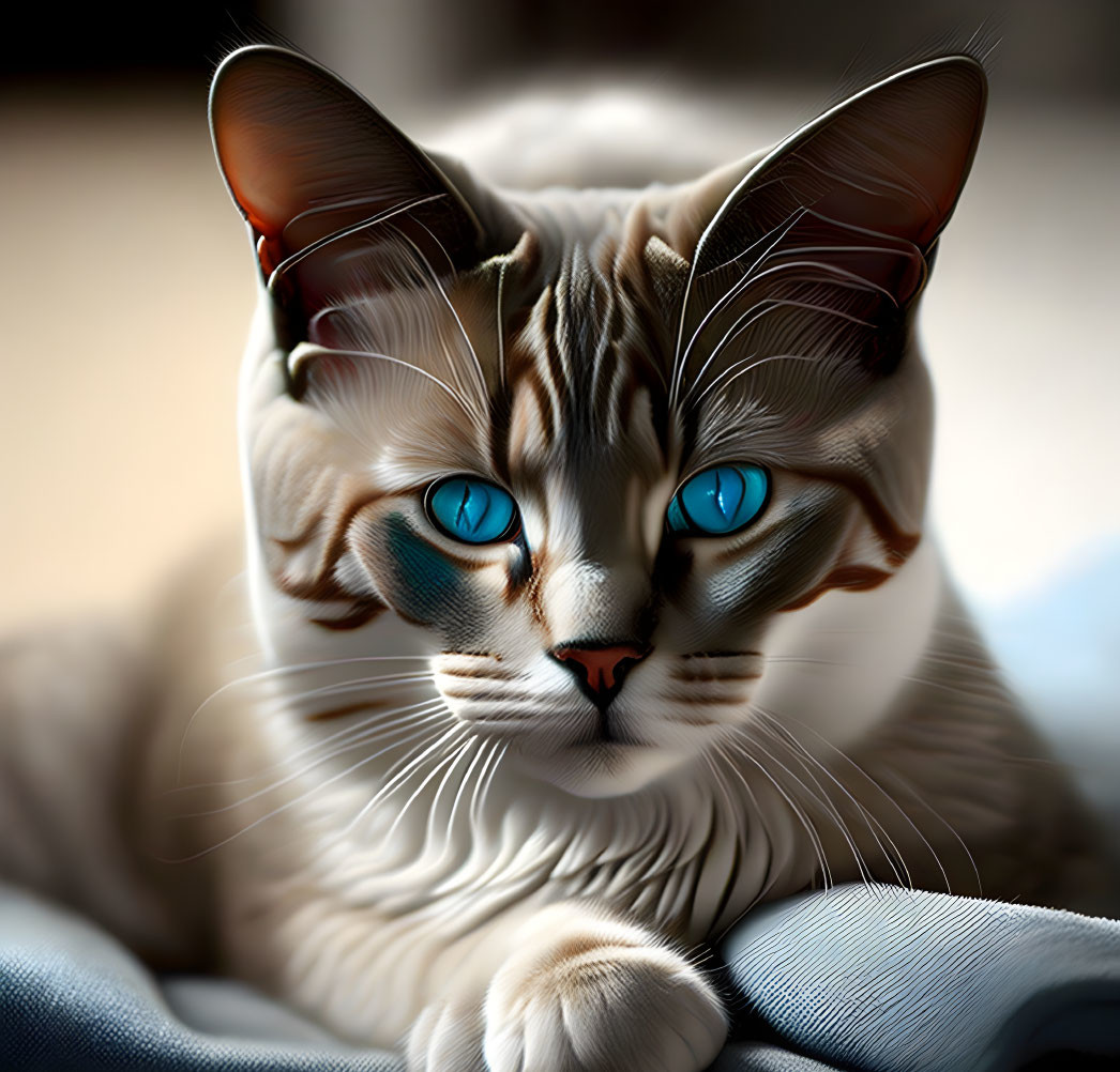 Close-up of Cat with Striking Blue Eyes and White/Brown Stripes sitting on Soft Surface