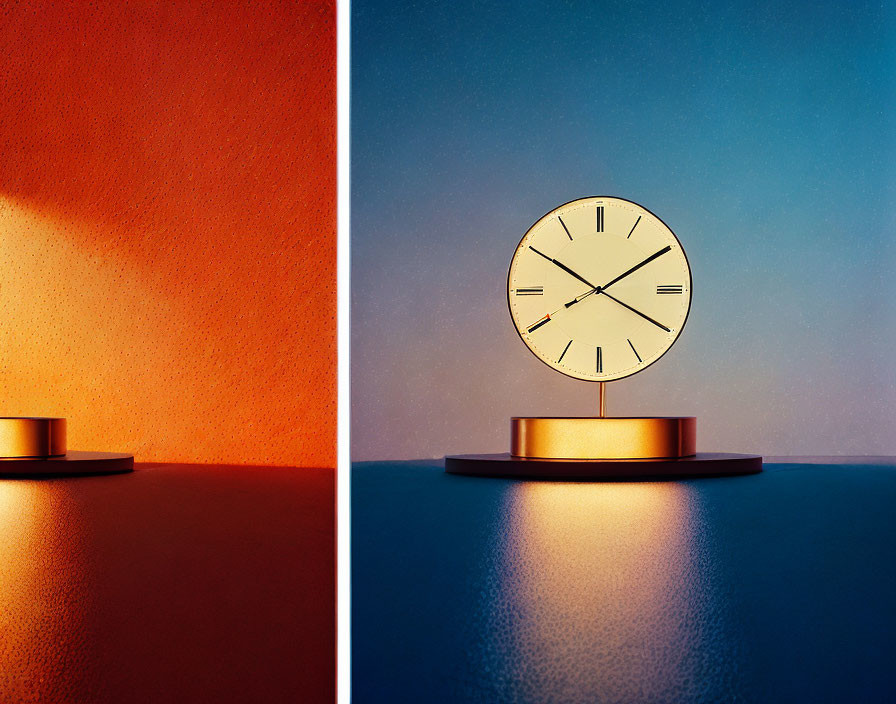 Minimalist Golden Face Clock on Dual-Toned Background
