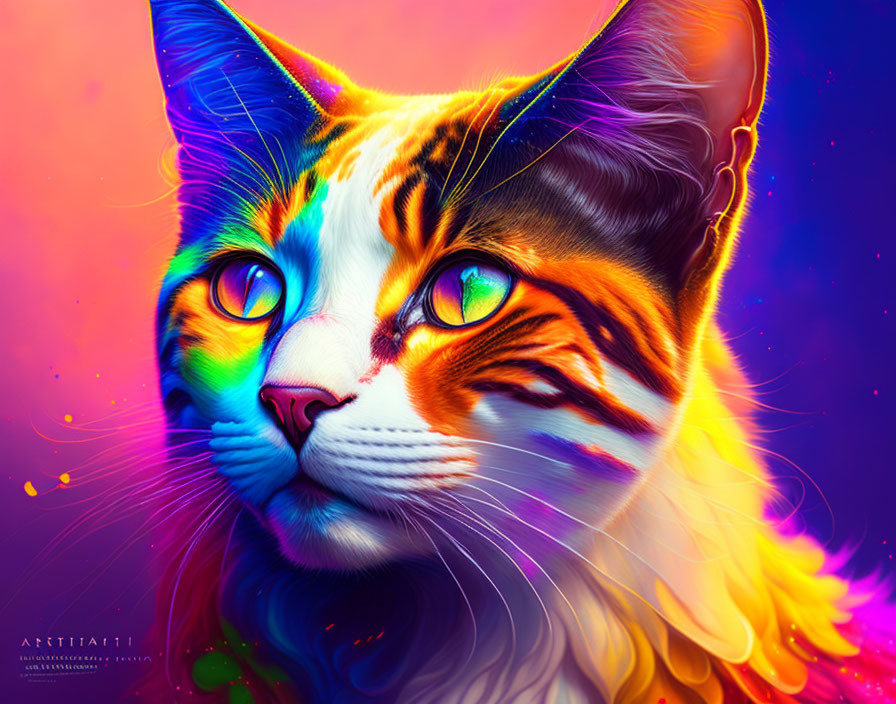 Colorful Cat Artwork with Green Eyes on Cosmic Background