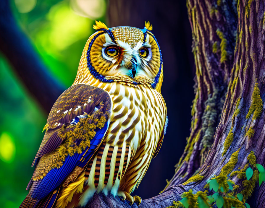 Colorful Owl with Orange Eyes on Mossy Tree