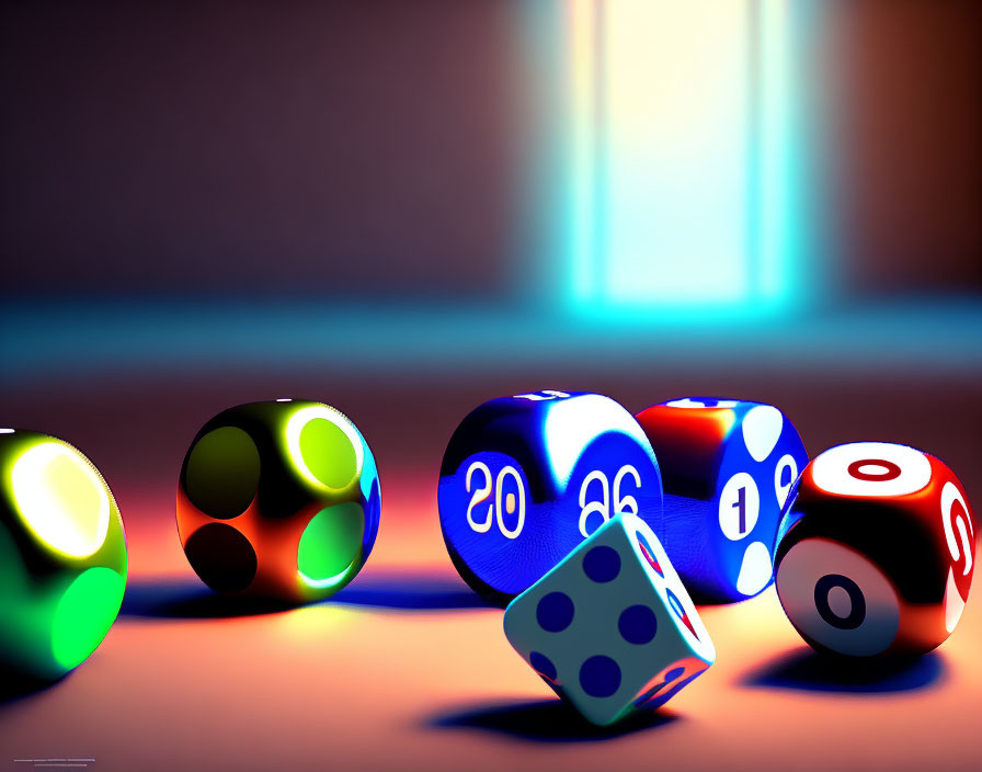 Colorful Dice Collection Illuminated by Soft Light Near Window