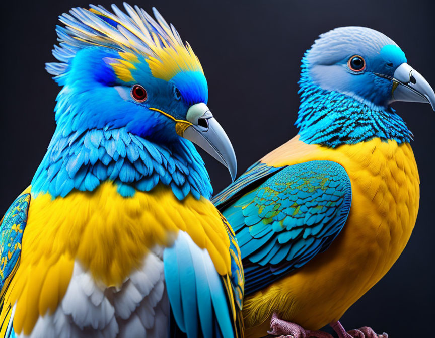 Vibrant blue and yellow parrots with red eyes and sharp beaks on dark background
