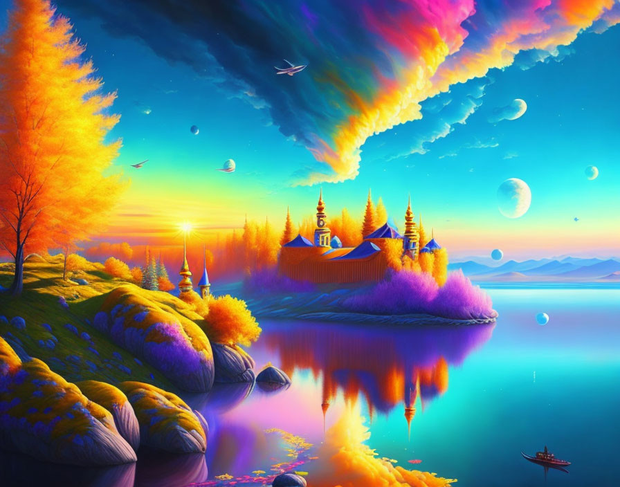 Colorful surreal landscape with orange trees, serene lake, and multiple moons.