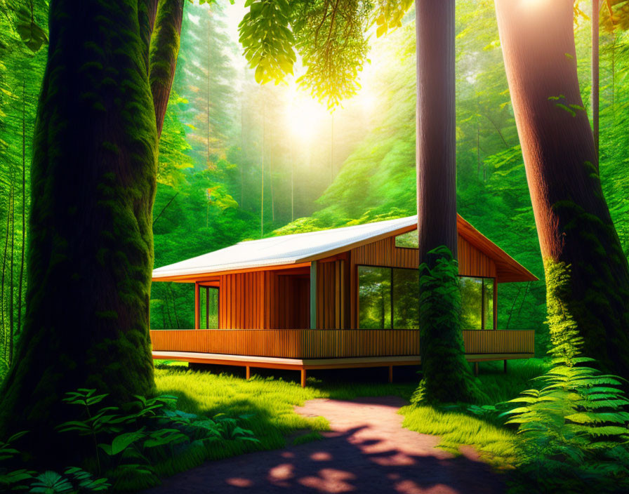 Modern wooden house surrounded by lush green trees in sunlight.