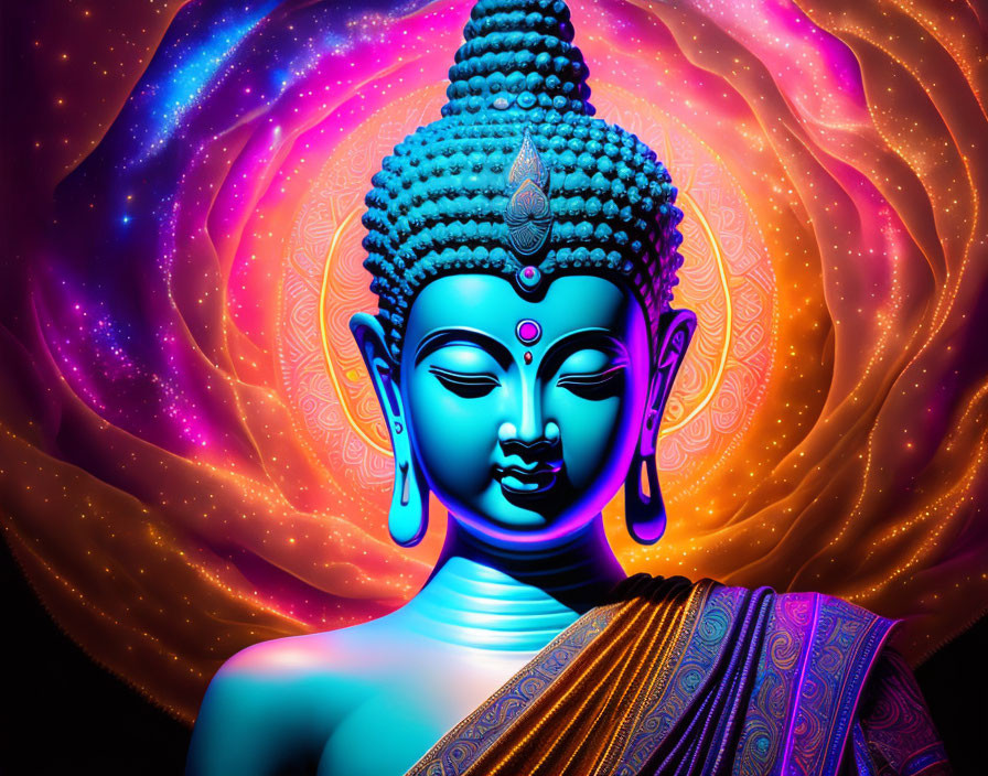 Colorful Buddha Artwork Against Cosmic Background in Blue and Purple