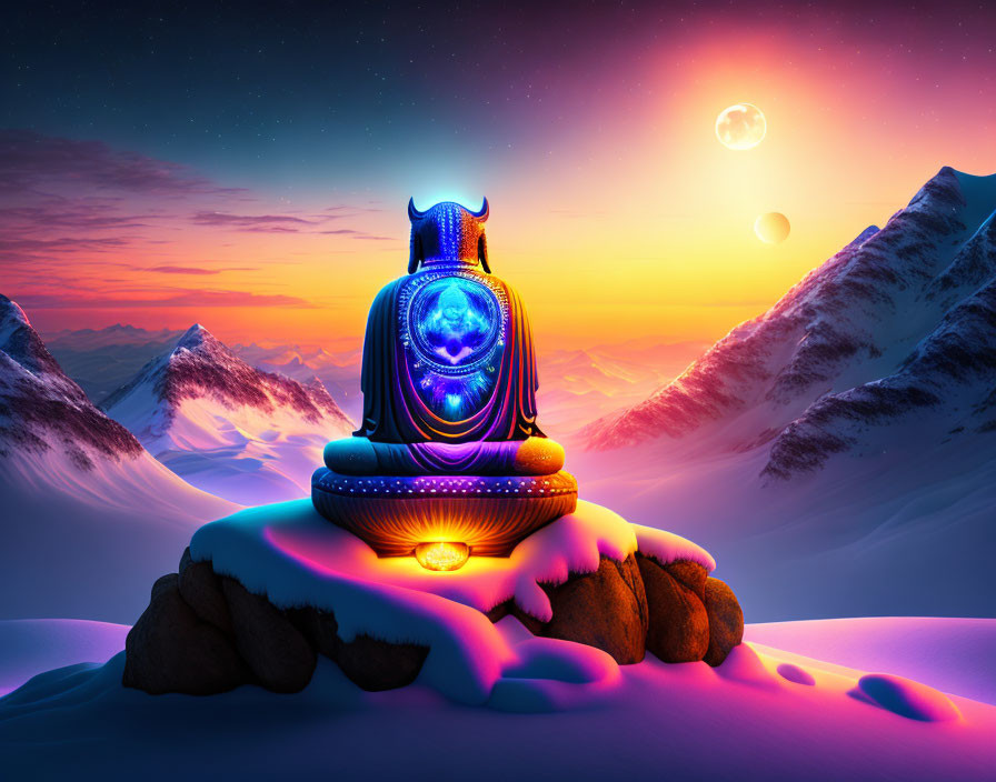 Glowing seated figure sculpture in snowy mountain landscape with colorful sky