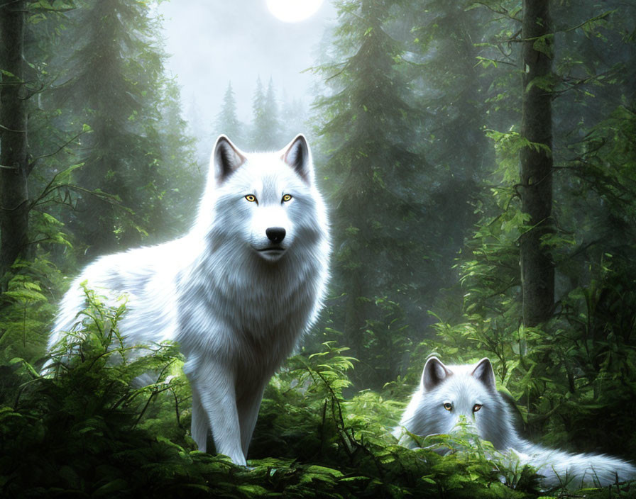 Two White Wolves in Misty Forest with Sunlight Filtering Through Trees