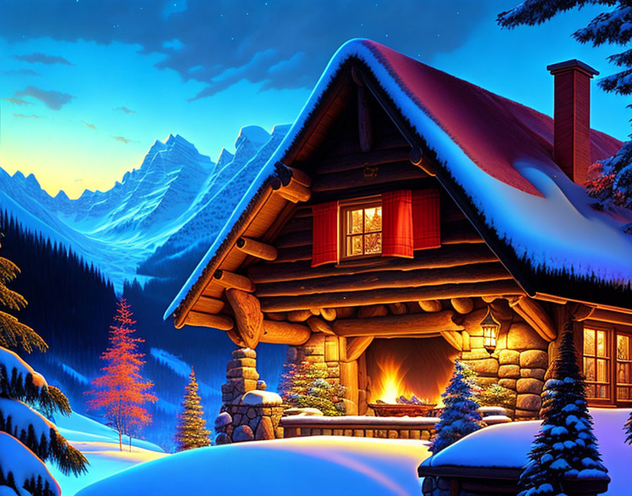 Snow-covered cabin in twilight winter landscape with mountains