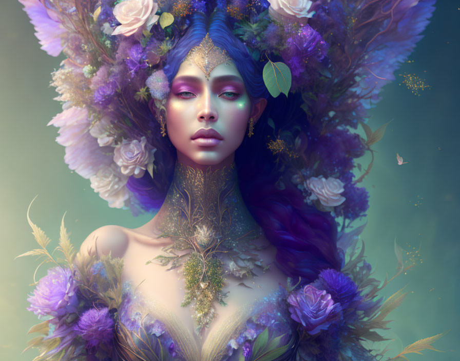Surreal portrait of woman with purple hair and gold necklace among vibrant flowers