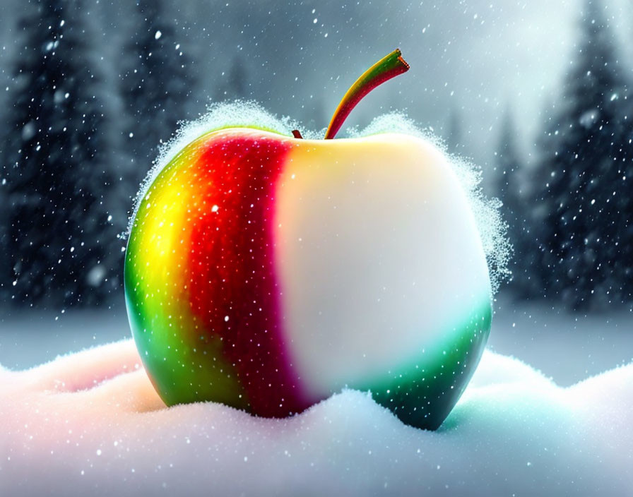 Multicolored apple on snow with snowflakes and snowy tree backdrop