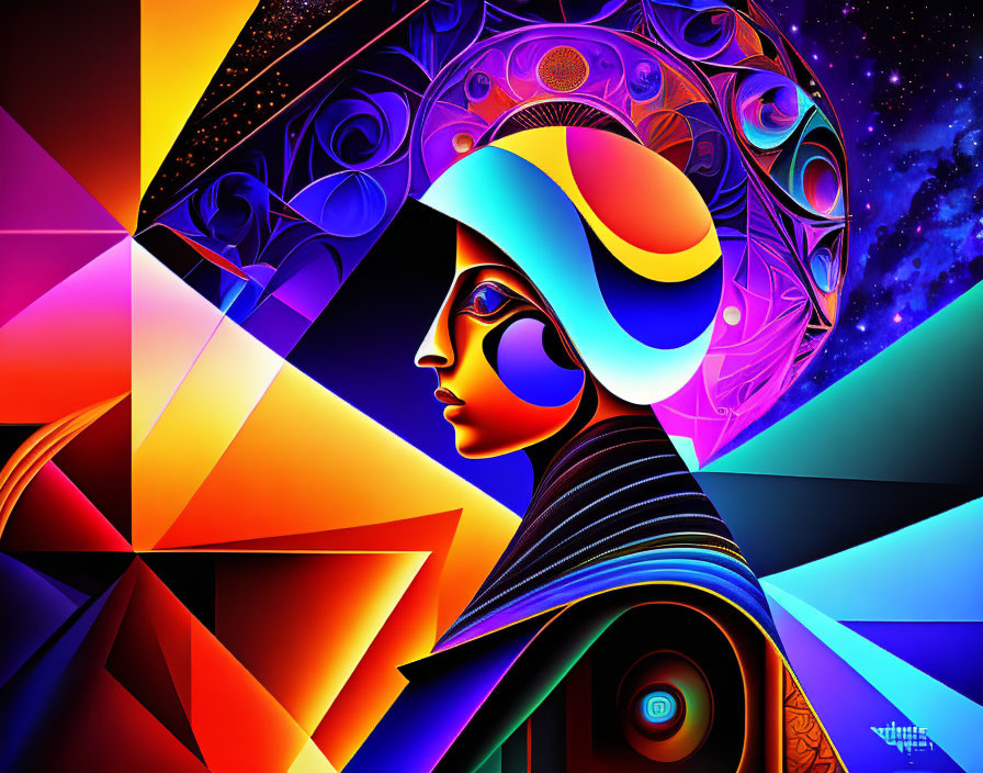 Vibrant abstract profile portrait with geometric shapes on starry backdrop