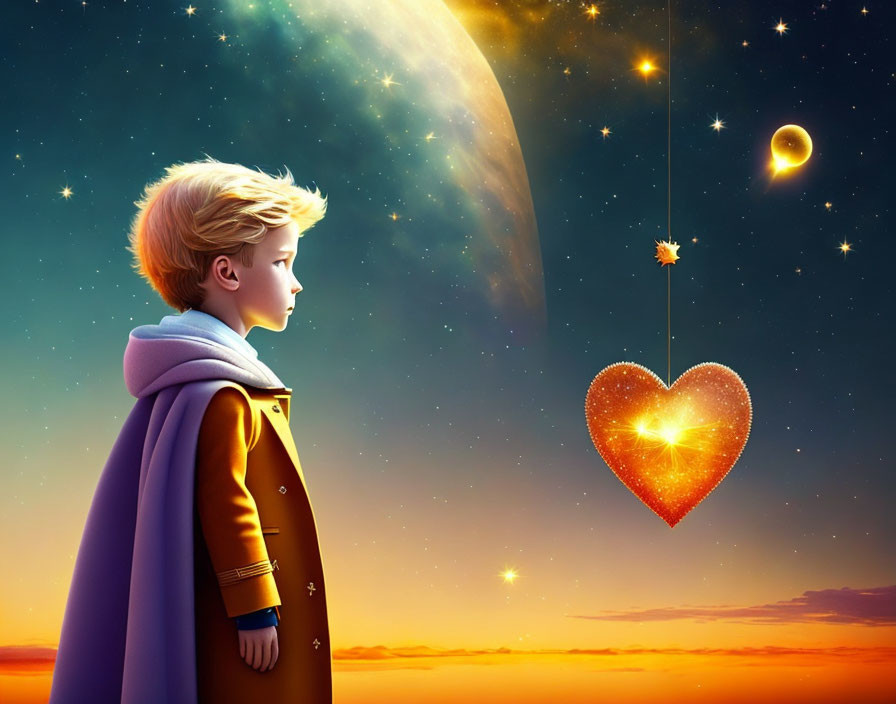 Young boy in coat gazes at glowing heart ornament under celestial sky